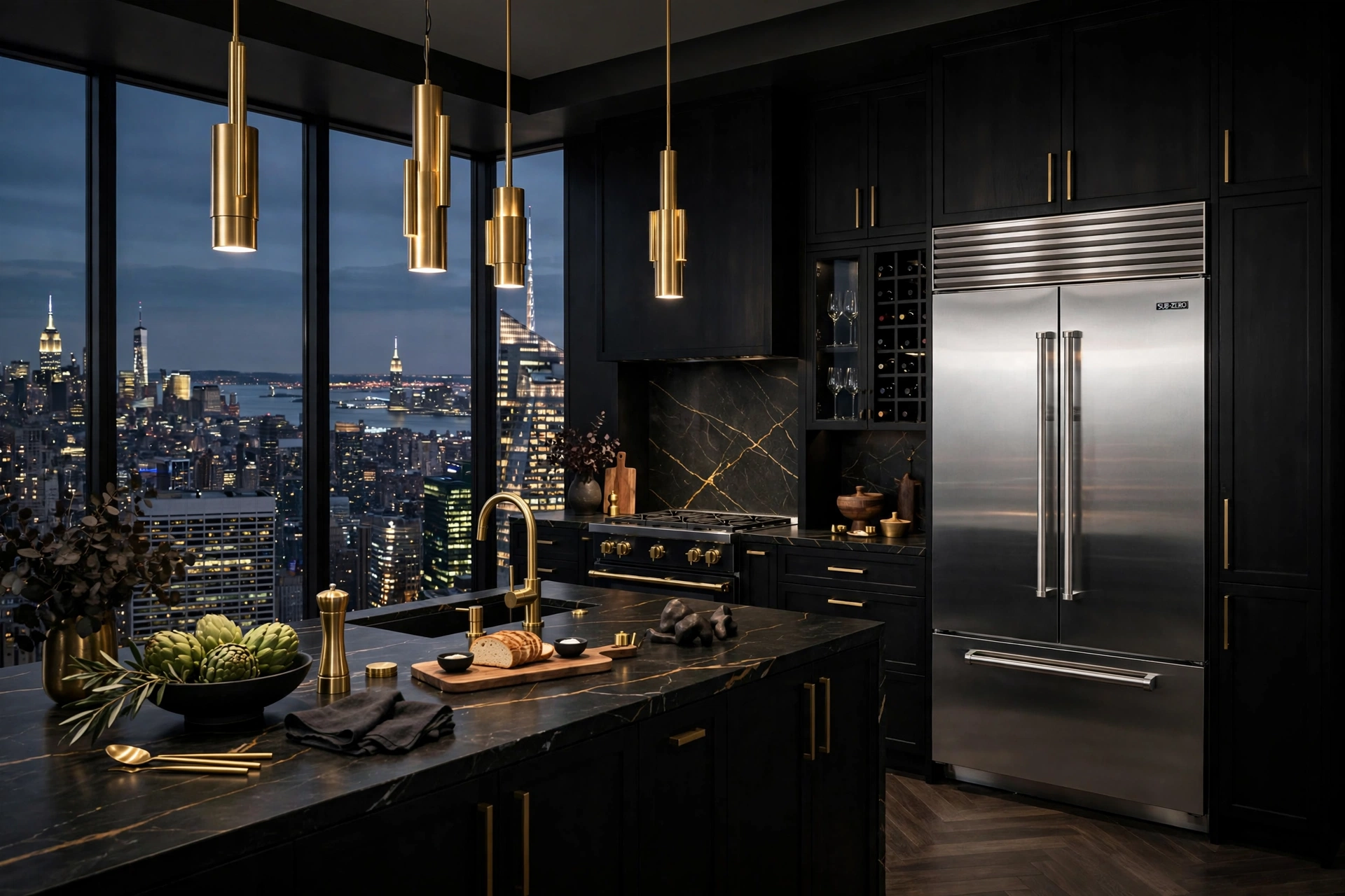 Luxury New York City kitchen with built-in refrigerator